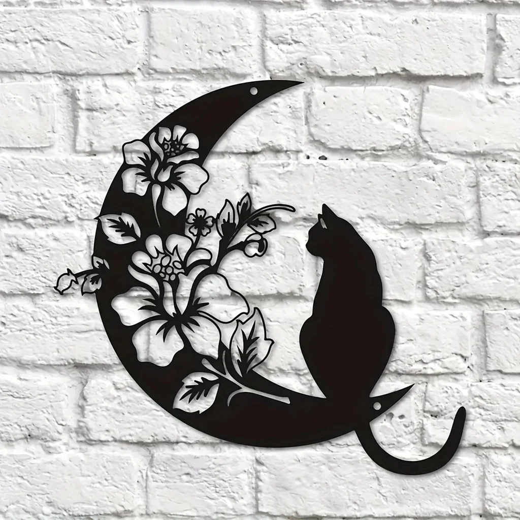 Cat Moon Metallo A Parete Pediements Home Decor Black Cat Moon Wall Decor Moon Flower Phase Soggiorno Decorazione Wall Deco