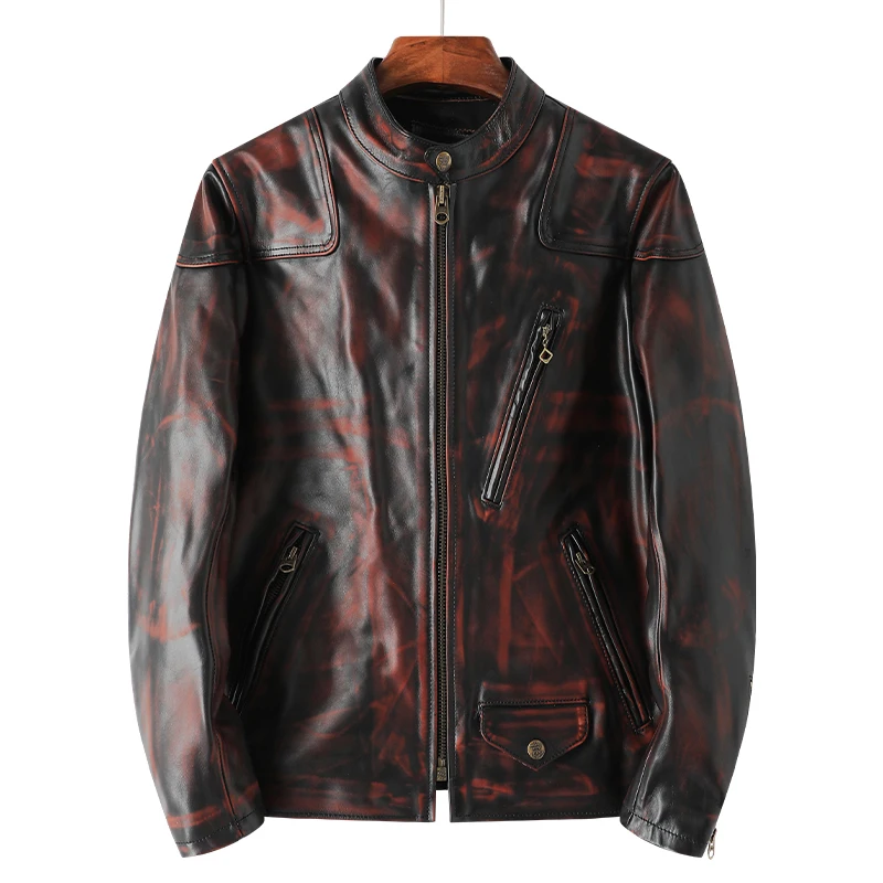 Giacca Da Moto In Pelle Di Cavallo Tea Core Giacca In Vera Pelle Da Uomo Classica Giacca In Pelle Da Moto Retrò Con Colletto Alla Coreana