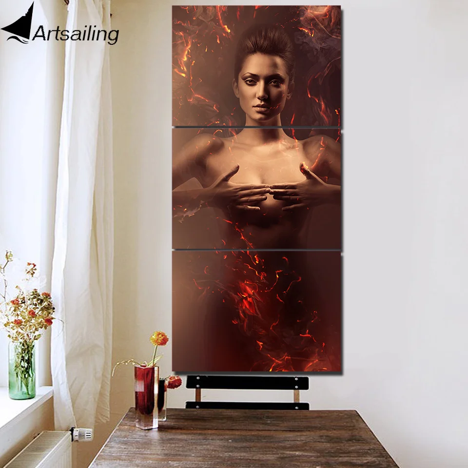 Hd Stampato 3 Pannello Di Tela Di Canapa Di Arte Nude Bella Ragazza Fumo Brucia Tela Della Stanza Della Pittura Di Decorazione Della Tela Di Canapa Di