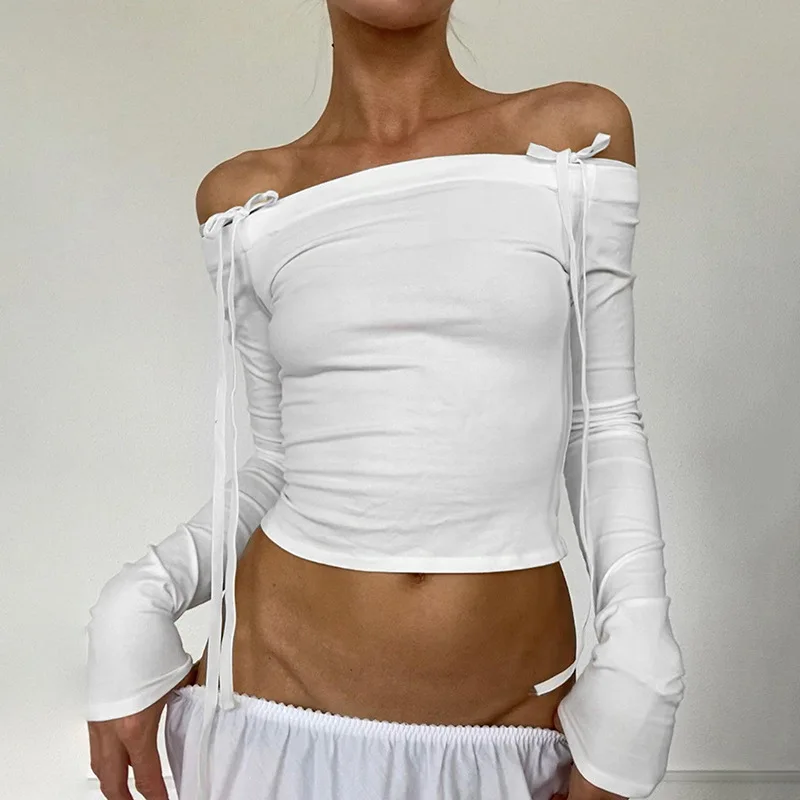Pure Desire Style Solid T-Shirt Donna Lace Up Bow Tie Off Spalla Tees Sexy Bianco Manica Lunga Top Femminile Primavera Autunno Vestiti