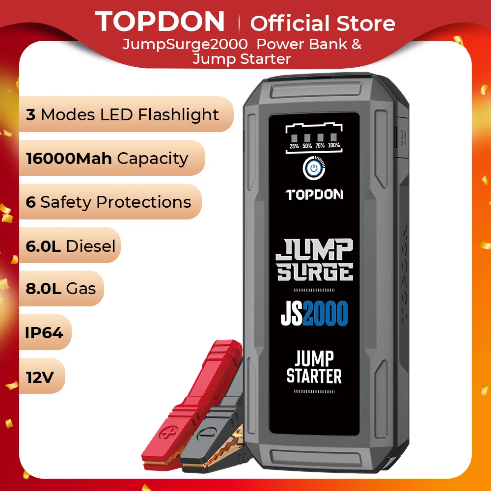 Topdon Js2000 2000A Jump Starter Power Bank 12V Dispositivo Di Avviamento Per Auto 16000Mah Batteria Jump Start Per Car Booster