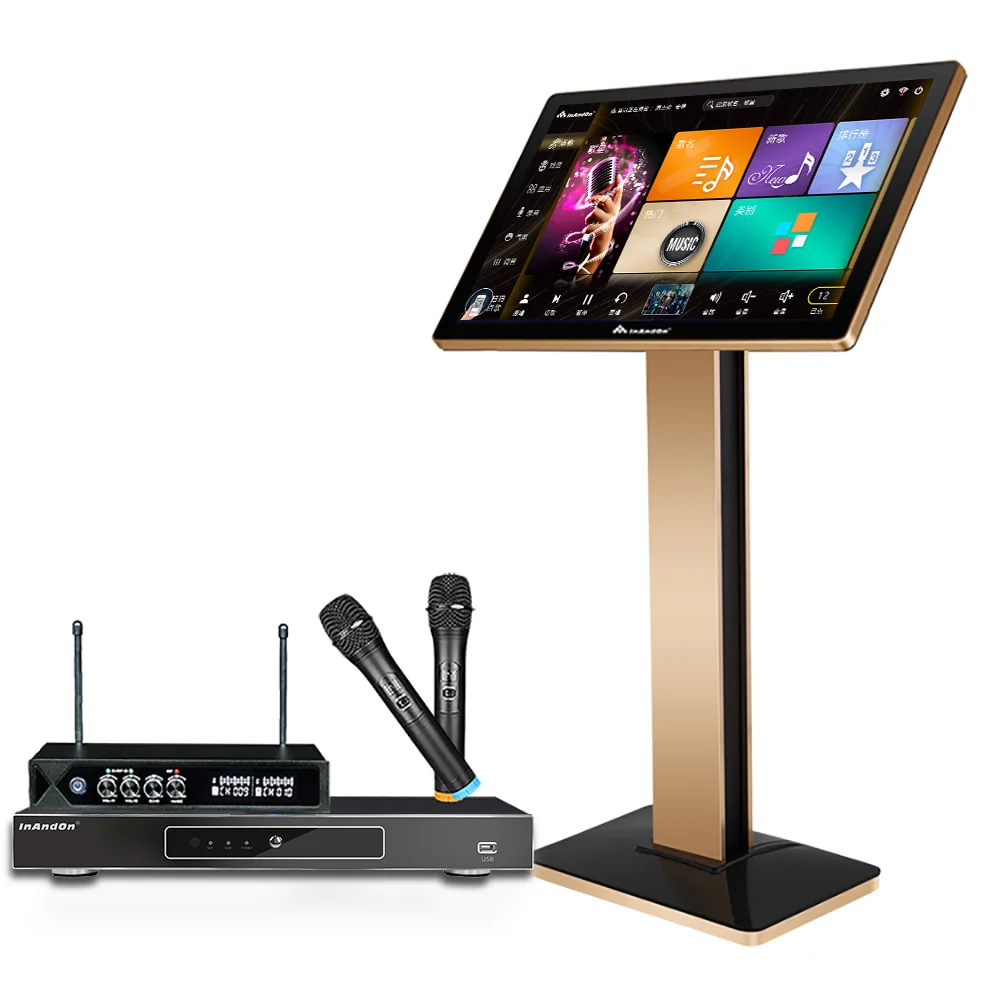 Popolare Sistema Karaoke 21.5 Pollici Touch Screen Jukebox Inandon Ktv Karaoke Player 6T Microfono Wireless Karaoke Set Machine
