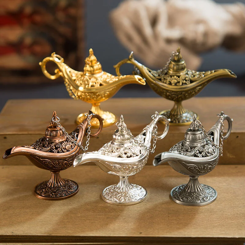 12Cm(4.7 ")Classic Rare Hollow Legend Aladdin Magic Genie Lamps Bruciatori Di Incenso Retro Wishing Oil Lamp Home Decor Gift