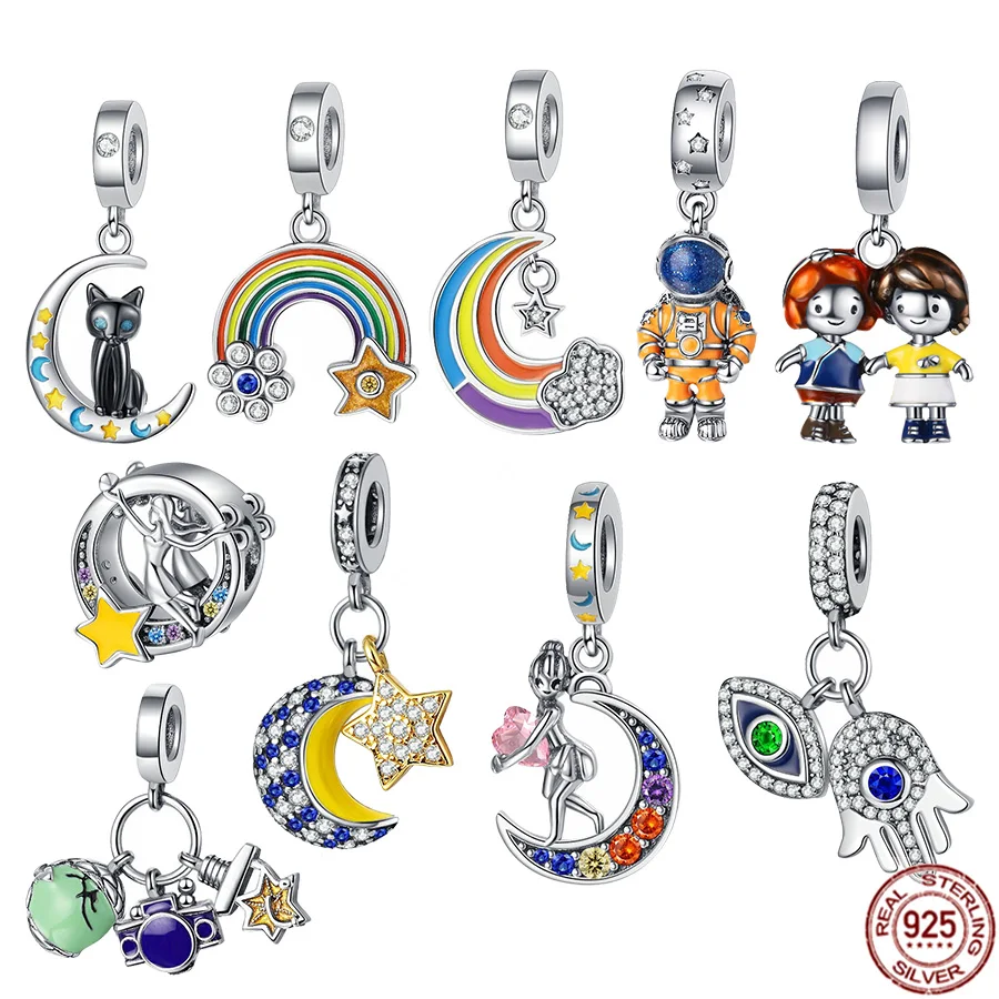 Nuovo 100% Real Silver 925 Sparkling Evil Eye, Astronauta, Colorful Rainbow Ciondola Charm Bead Fit Original Pandora Bracciale Jewelry