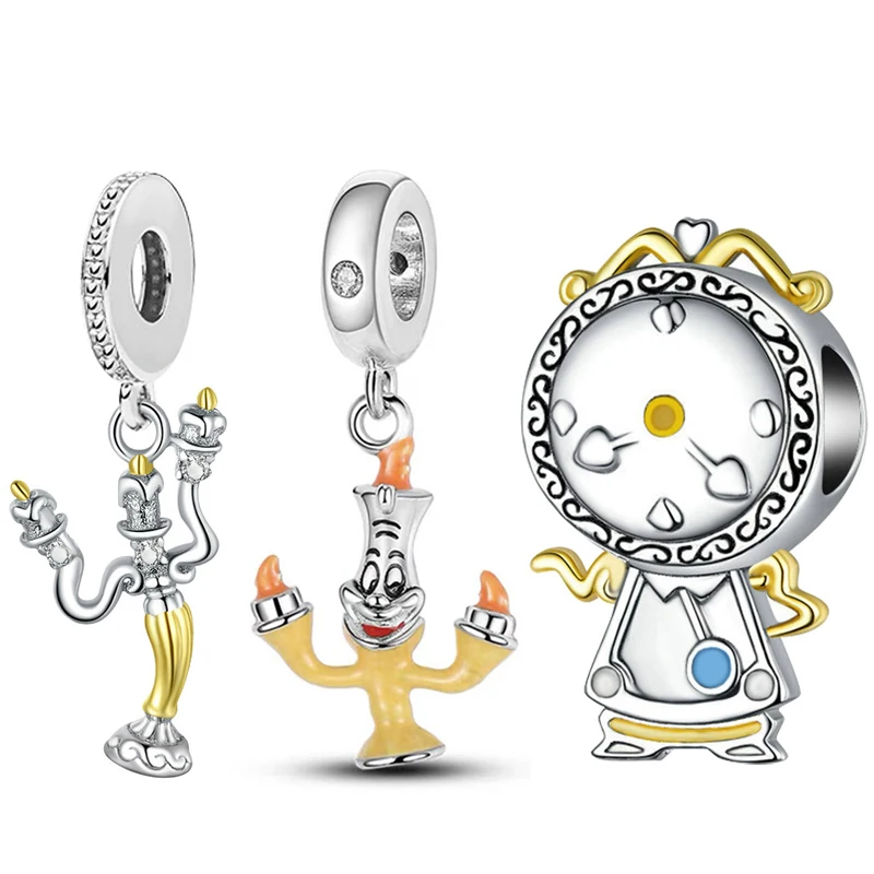 Fit Pandora Beauty And The Beast Charms Bracciale Donna Disney Candeliere Ciondola Fai Da Te Cartoon Alarm Clock Beads For Bijoux Making
