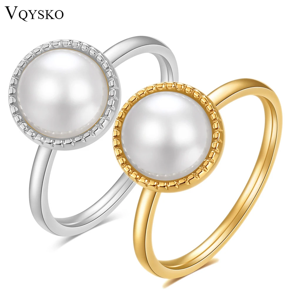 Vqysko Dainty Round Fresh Water Anello Di Perle Naturali Birthstone Promise Texture Ring Gift For Her
