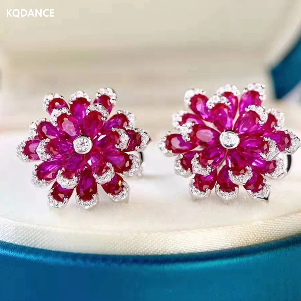 Kqdance Luxury Real 925 Sterling Silver Con Lab Red Corindone Ruby Gemstones Moissanite Diamond Lotus Flower Orecchini Gioielli