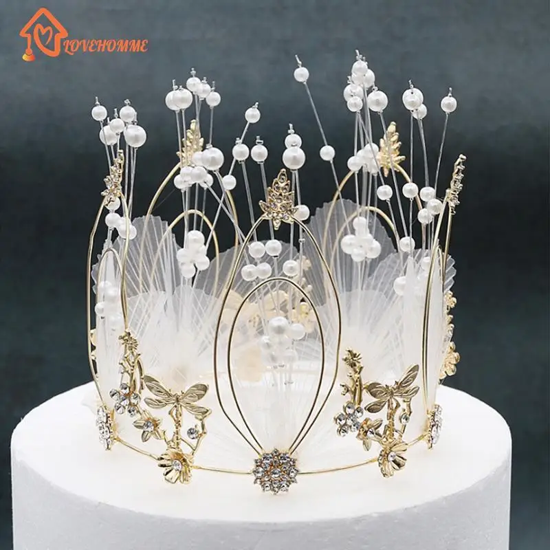 Oro/Argento S/M Perla Corona Torta Diademi Decorativi Cristallo Perla Principessa Cake Toppers Matrimonio Compleanno Torta Decorazione Ornamento