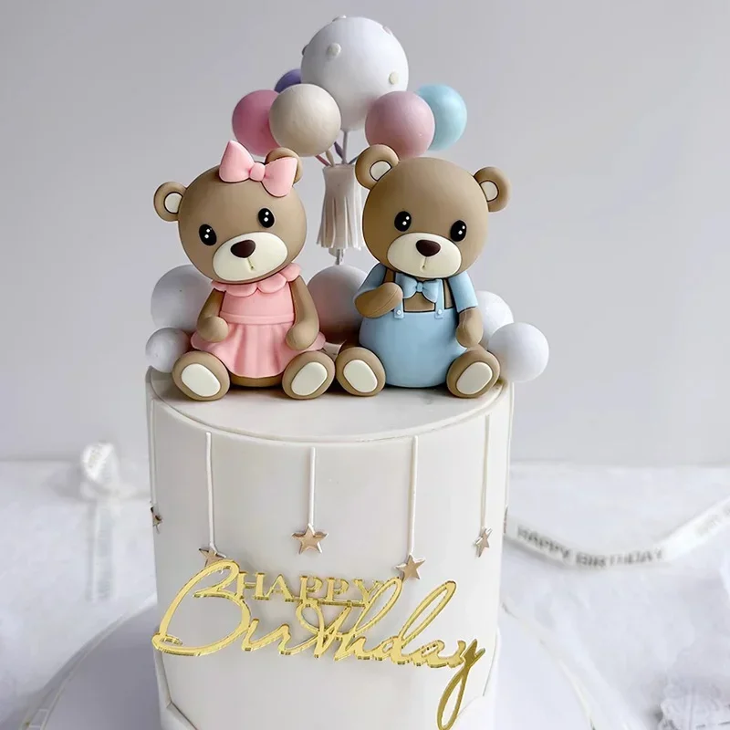3D Teddy Bear Cake Toppers Cute Pink Blue Mini Bear Per Boy Girl 1St Birthday Cake Decoration Baby Shower Bear Theme Party Decor