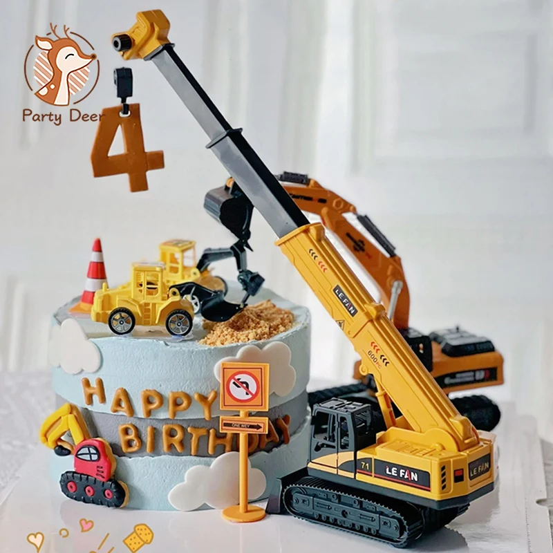Net Red Crane Crane Cake Decoration Ornaments Escavatore Bulldozer Engineering Car Compleanno Per Bambini Plug-In