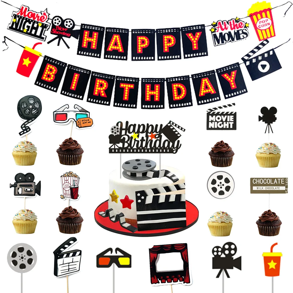 Party Cupcake Topper Movie Night Paries Birthday Movie Theme Party Popcorn Cinema Ticket Lamplight Camera Torte Decorazione