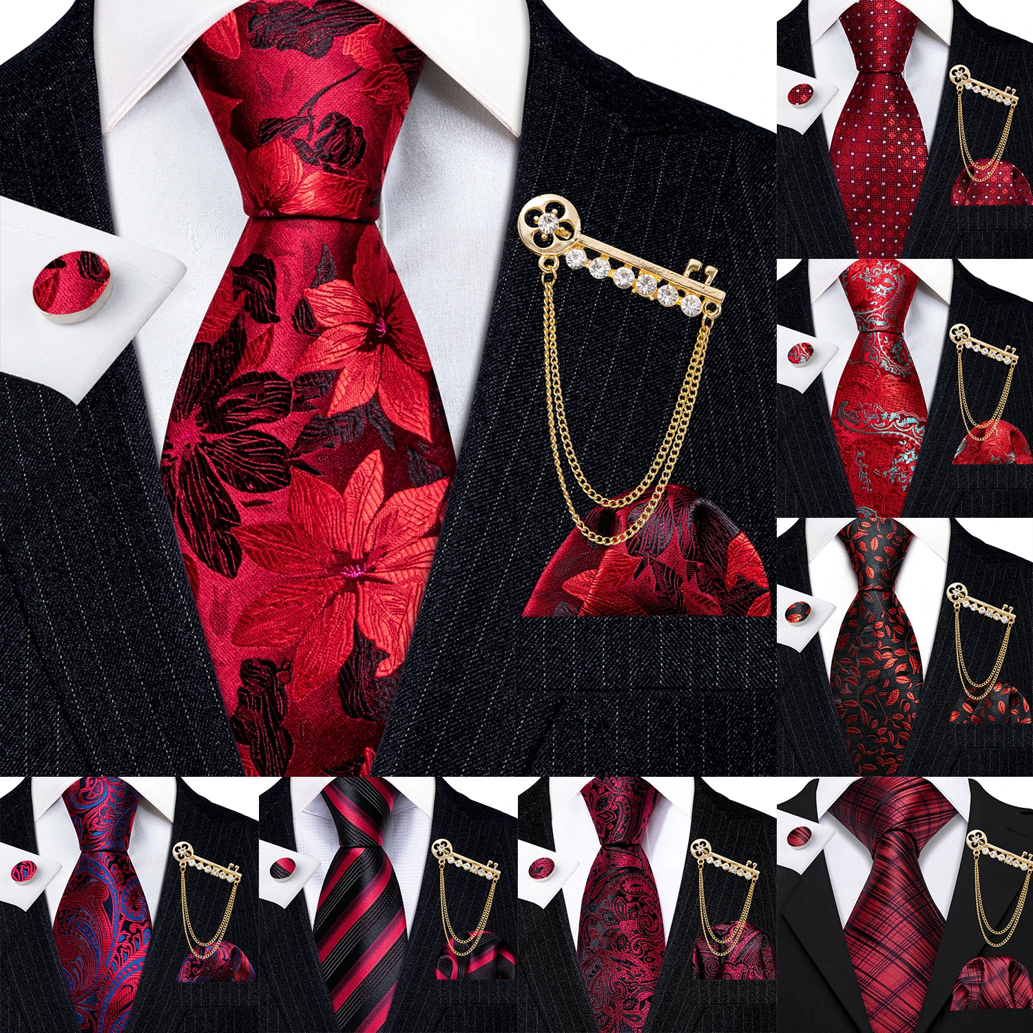 Barry.Wang Red Black Wine Silk Mens Tie Hanky Gemelli Spilla Set Jacquard Neck Tie Collare Pin Per Eventi Di Nozze Maschili Sposo