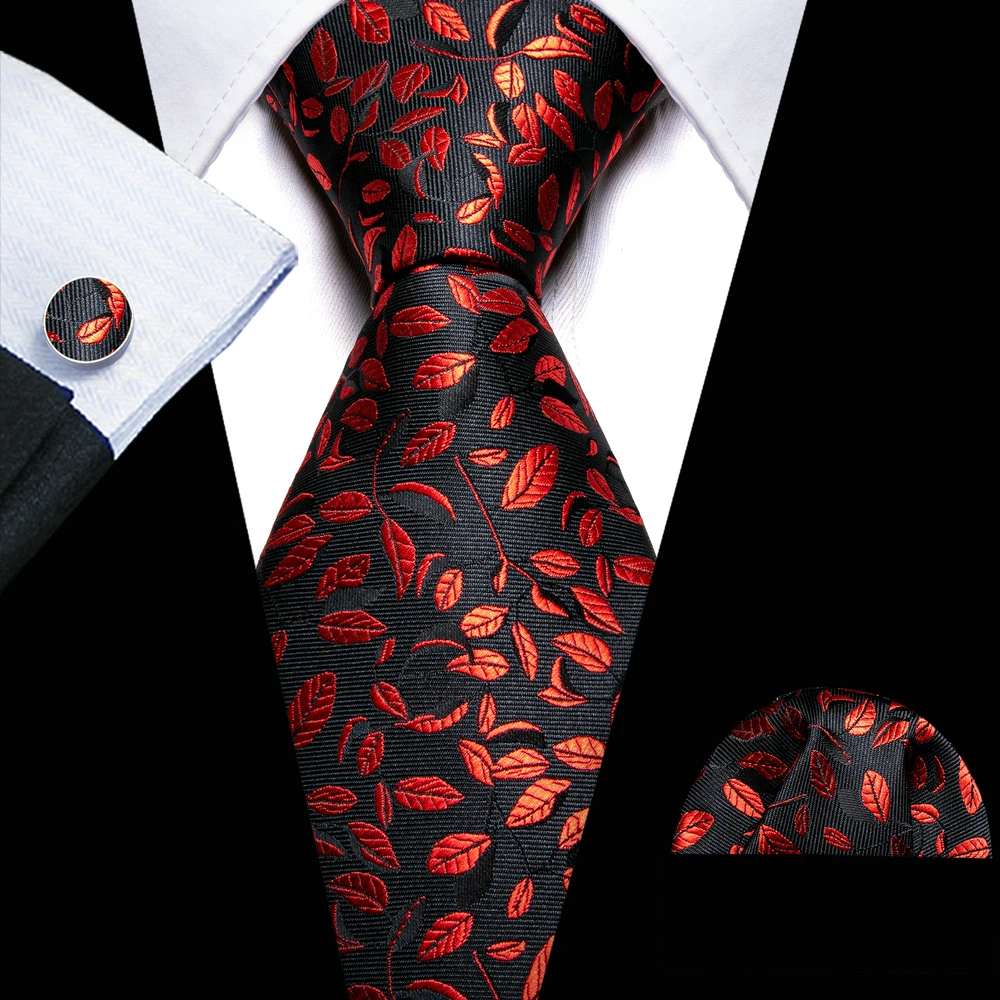Designer Silk Men Tie Set Red Black Leaves Floral Necktie Handkerchief Cufflinks Set Wedding Gift Business Barry. Wang A-5970