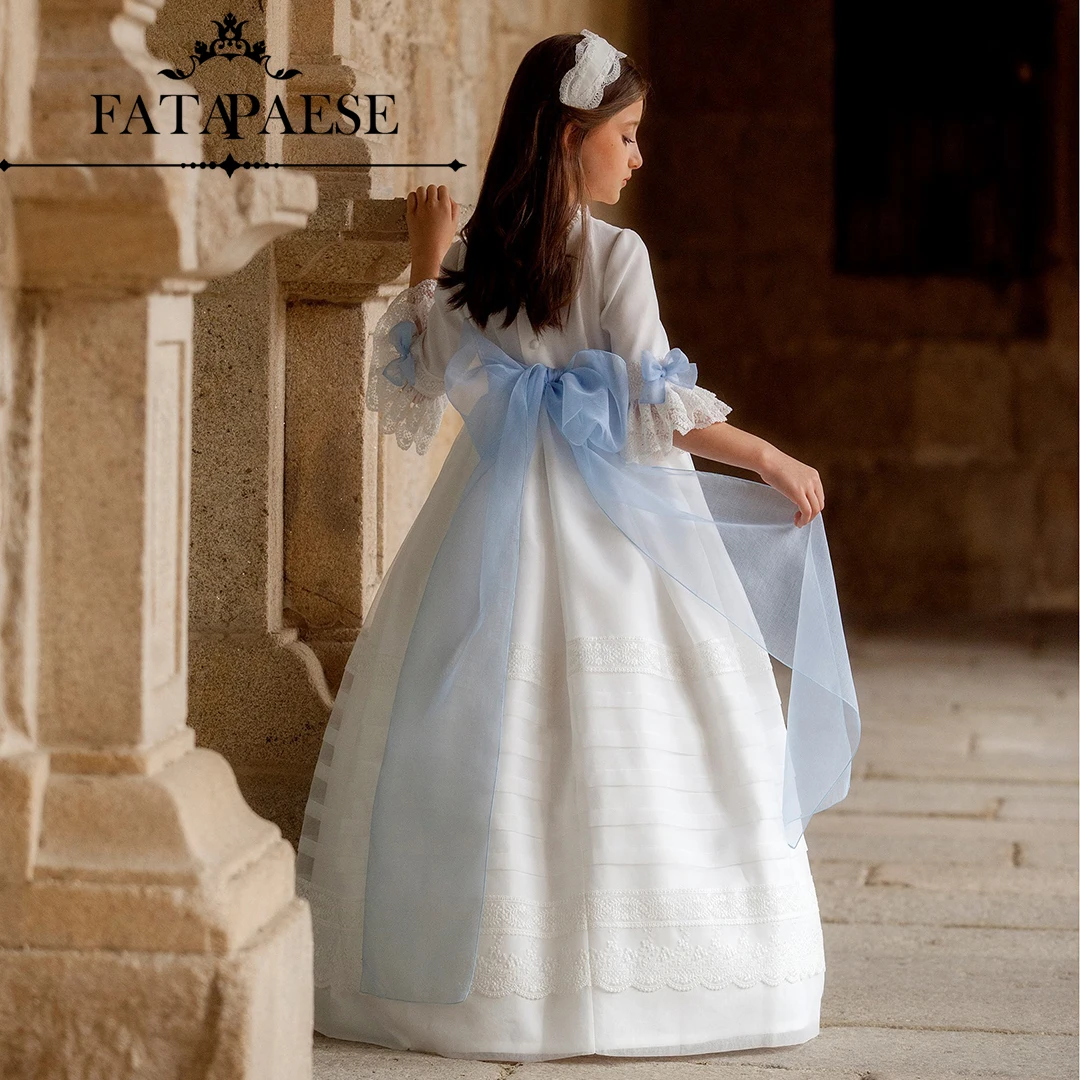White Vestidode Comunione Girl Vintage Princess Lace Floral Ribbon Belt Ricamo Abito In Tulle Bridemi Muslimah