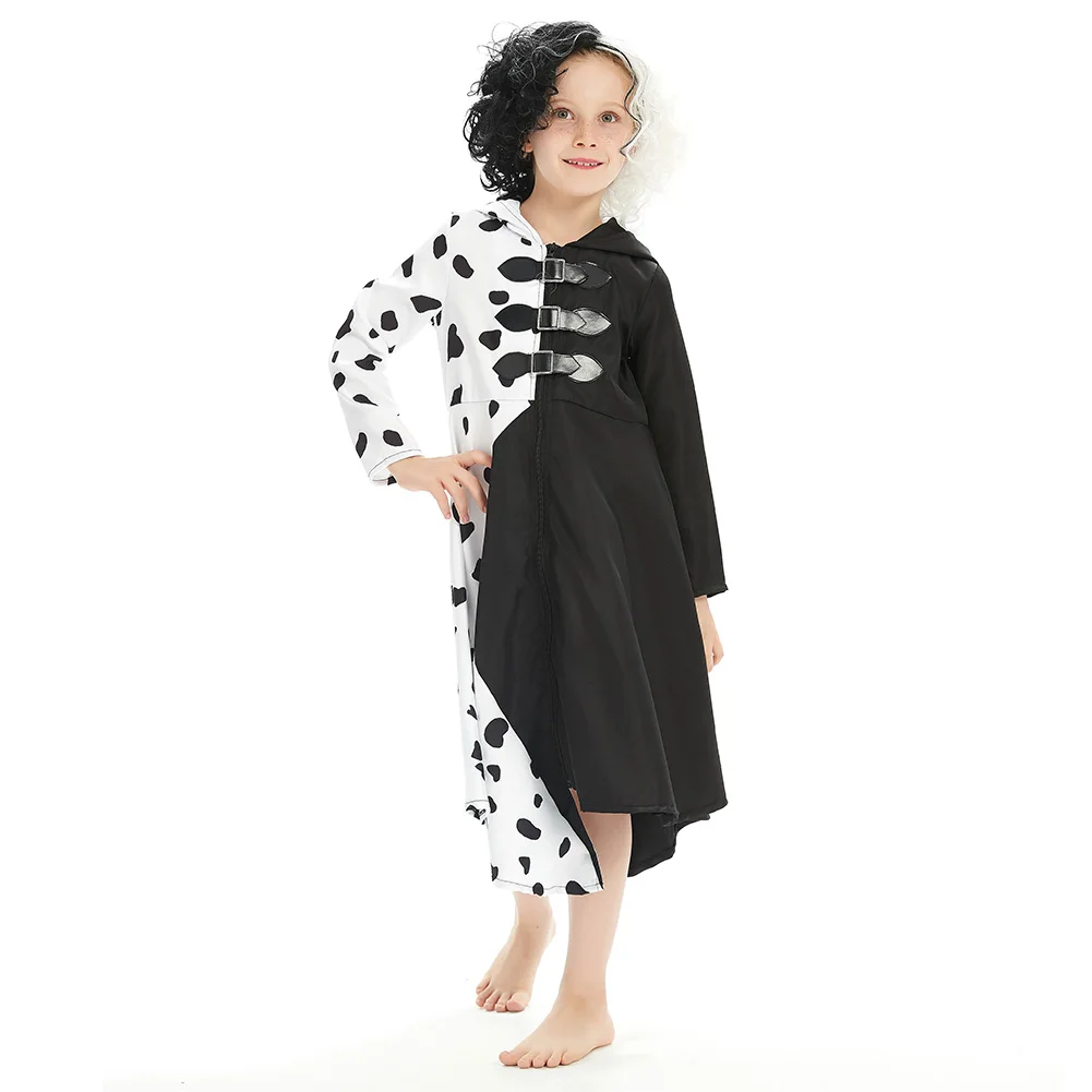 Cruella Costume Cosplay Kids Girls Party Dress Parrucca Cosplay Outfit De Vil Kuila Halloween Carnival Suit For Kids Children