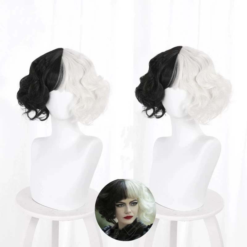 Cruella De Vil Kuila Half Black Half A Hundred Small Short Curly Costume Wig