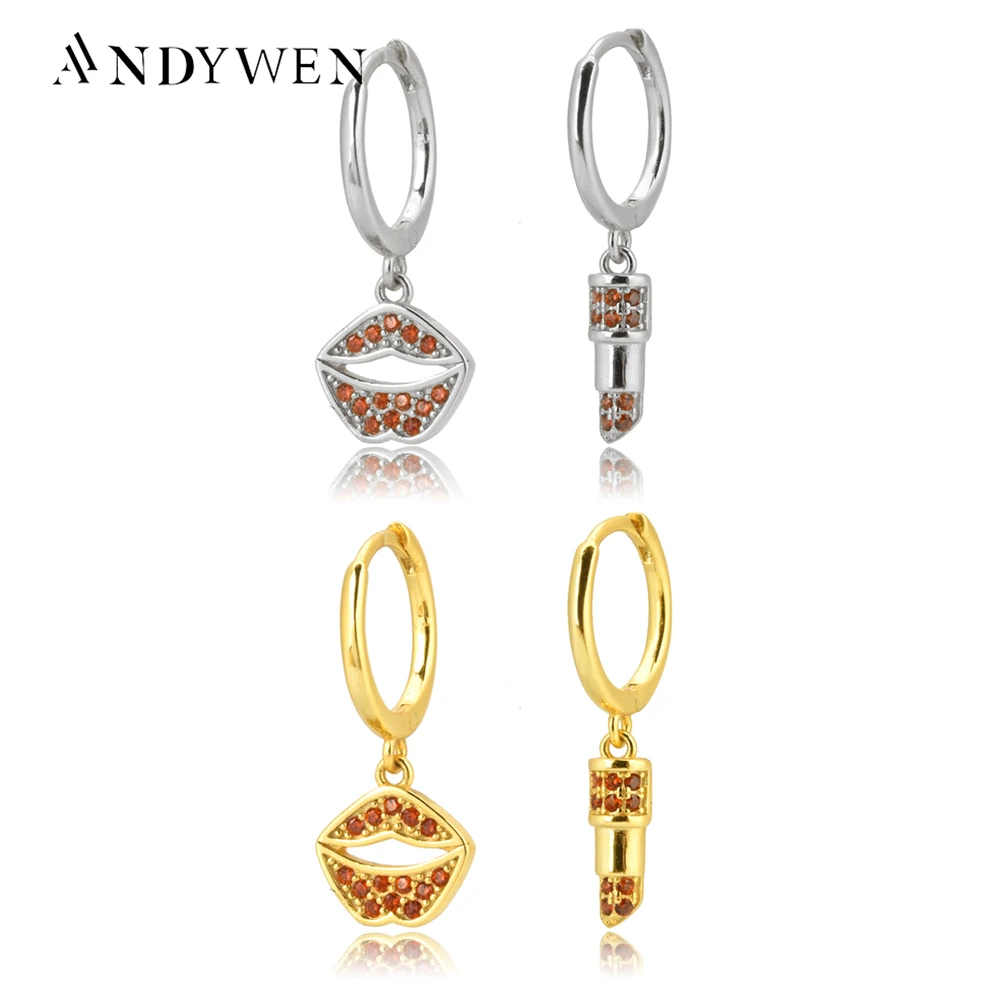 Andywen Argento Sterling 925 Rock Punk Zircone Rosso Cz Piercing Orecchino A Goccia Bacio Rossetto Cerchio Speciale Lusso Ohrringe Gioielli