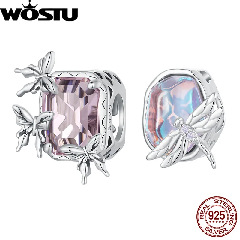 Wostu 925 Sterling Silver Pink Dragonfly Charm Geometry Square Trasparente Glass Beads Fit Original Bracciale Dreamy Jewelry Gift