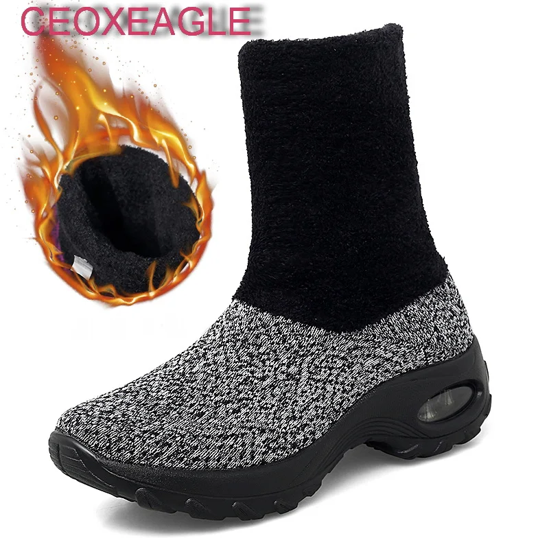Calzini Scarpe Traspiranti High-Top Scarpe Da Donna Flats Fashion Sneakers Tessuto Elasticizzato Casual Winter Snow Warm Fur Women Flats Boots
