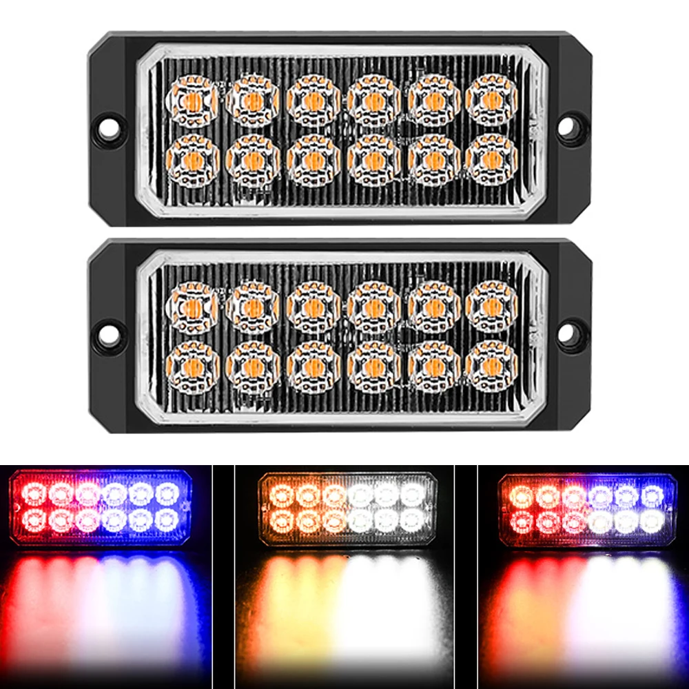 2Pcs Stroboscopes Strobe 12 Led Flash Light Auto 12-24V Emergency Flashing Side Marker Light Bar Constant Bright Lights Red Blue