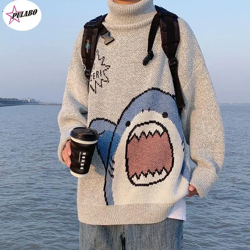 Pulabo Y2K Uomo Dolcevita Squalo Maglione Uomo Inverno Patchwor Harajuku Stile Coreano Collo Alto Oversize Grigio Dolcevita Per Uomo