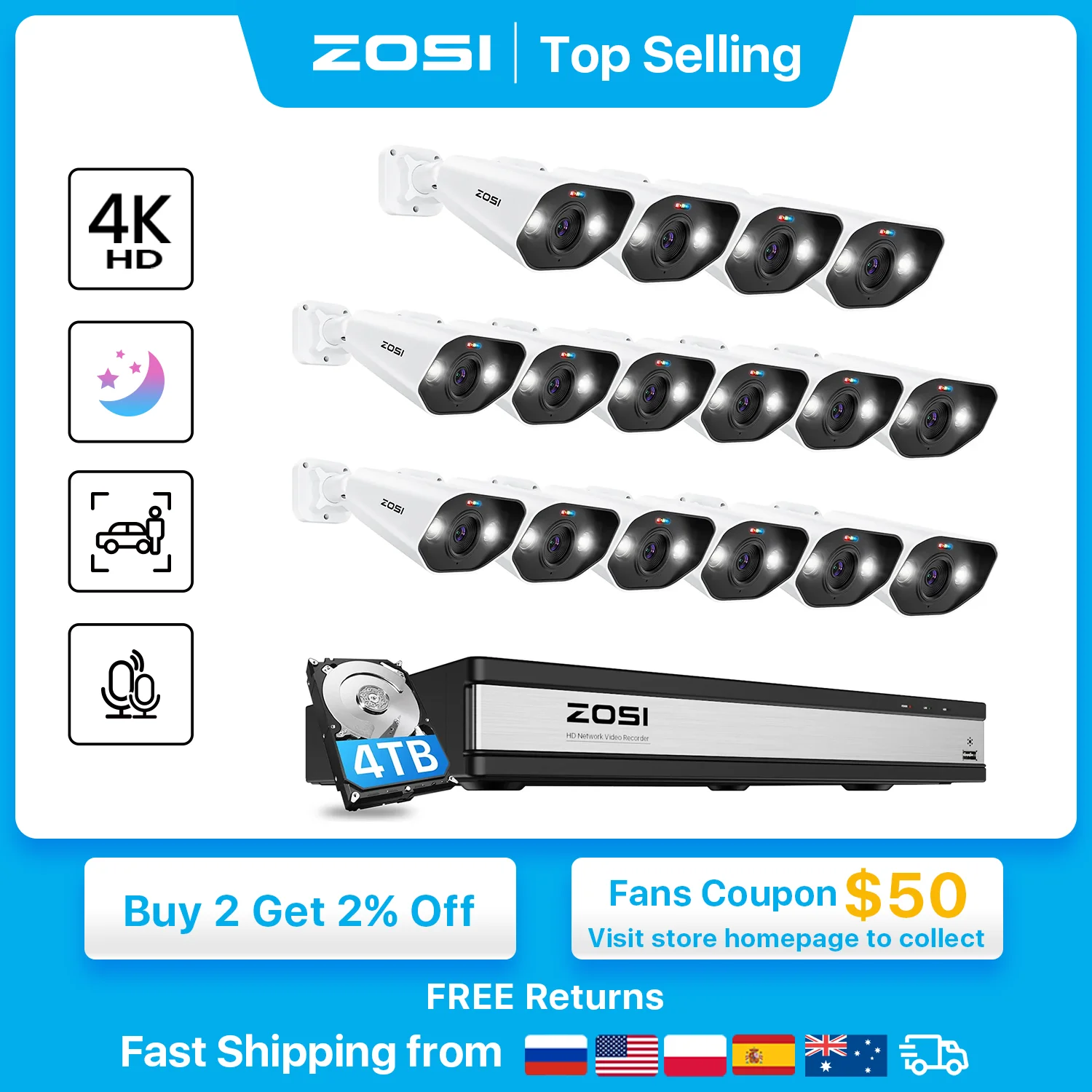 Zosi 16Ch 4K Poe Sistema Di Telecamere Di Sicurezza Domestica 8Mp Nvr Set Outdoor Indoor Color Night Vision Ai Ip Camera Kit Di Videosorveglianza