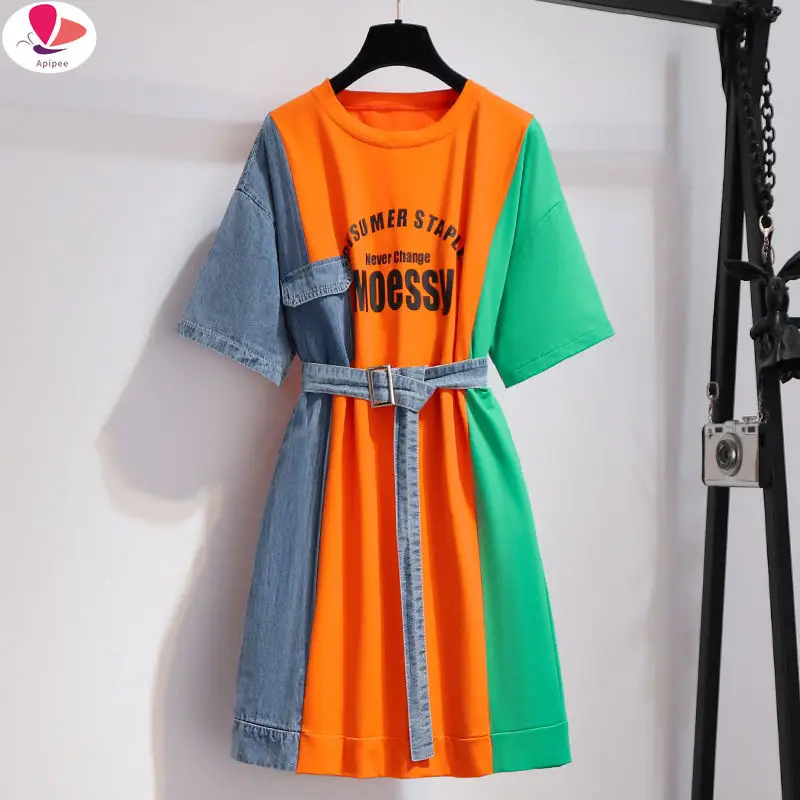 Estate Patchwork T Shirt Dress Donna Coreano Apipee Causale Party Dress Telai Streetwear Falso Vestito A Due Pezzi M-4Xl