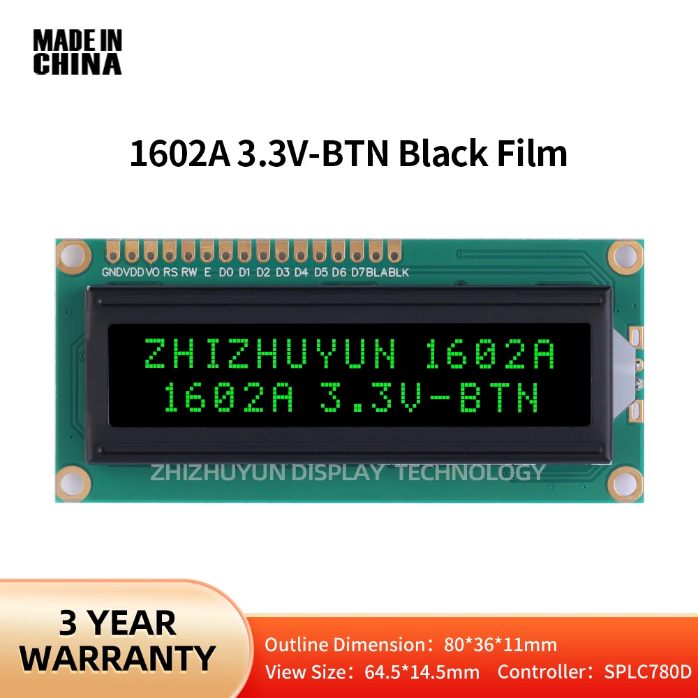 Più Lingue 1602A Schermo Lcd Btn Pellicola Nera Testo Verde 16*2 Caratteri Schermo Lcd Tensione 3.3V
