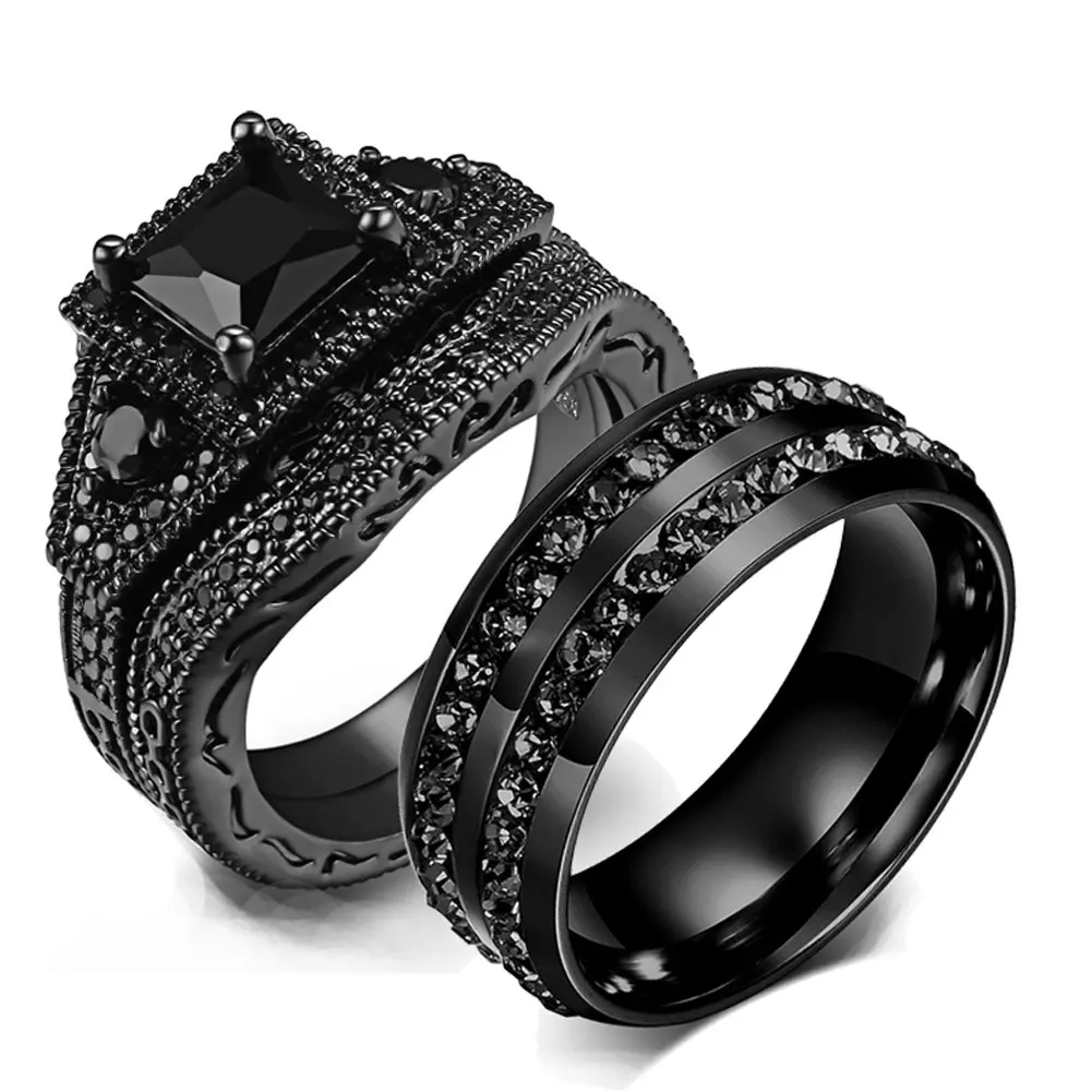 Charm Coppia Anelli Romantici Strass Neri Anelli Femminili Set Mens Due File Black Cz Stone Anello In Acciaio Inossidabile Gioielli Da Sposa