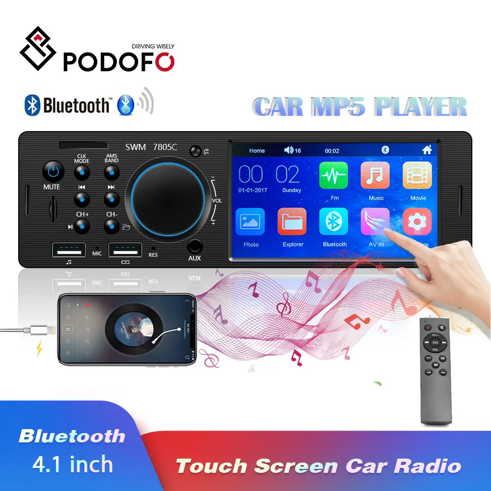 Podofo Bluetooth Autoradio Autoradio Touch Screen Fm Ingresso Aux Sd Usb Aux 12V In-Dash 1 Din 4.1 "Lettore Multimediale Mp3