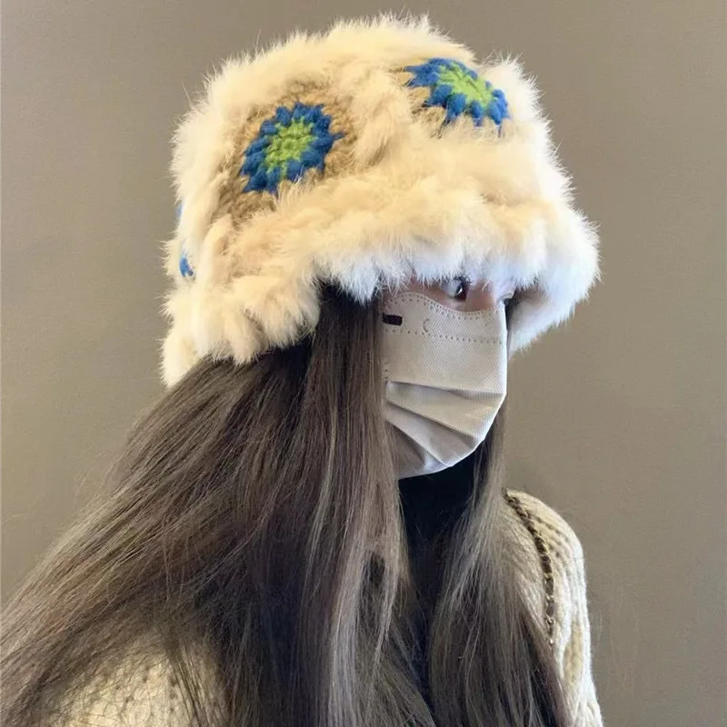 Y2K Fluffy Faux Fur Bucket Hat Donna Rabbit Fur Warm Thick Plush Winter Hat Ladies Beanie Fashion Outdoor Panama Fisherman Caps