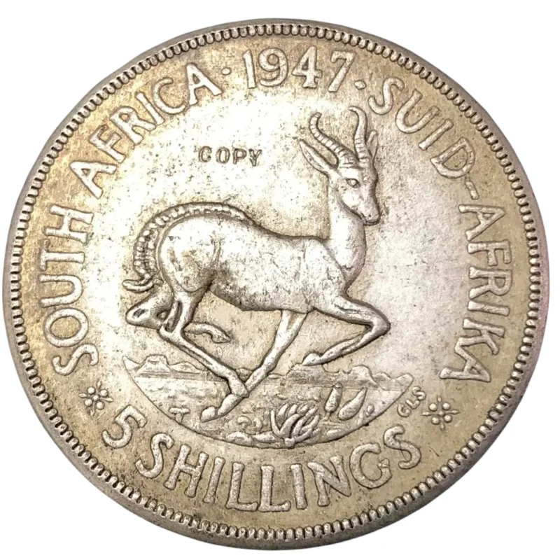 1947 Sud Africa 5 Scellini-George Vi Placcato Argento Coin Copia