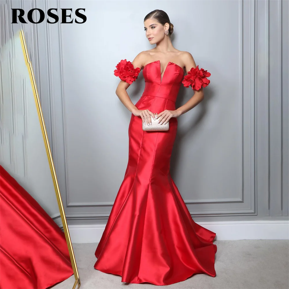 Rose Red Mermaid Special Occasion Abiti Off The Shoulder 3D Flower Abito Formale Macchia Abiti Da Sera Lunghi Vestidos De Fiesta