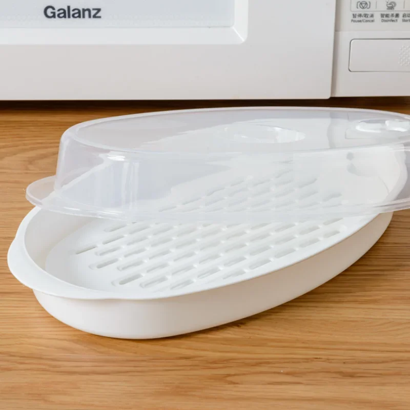 Grande Piastra Per Pesce Al Vapore Piastra Per Microonde Con Coperchio Piroscafo Rotondo A Vapore In Plastica Forniture Per Microonde