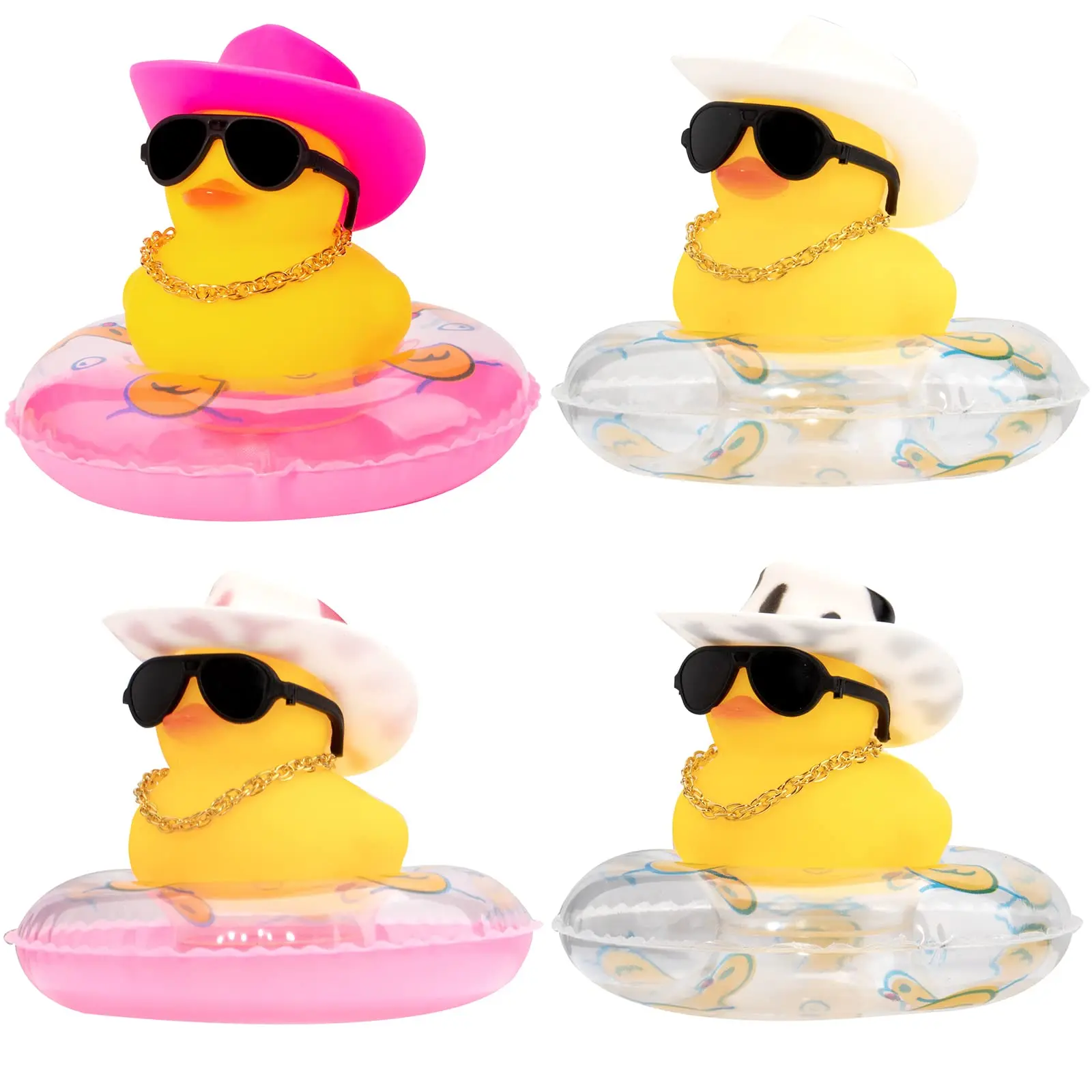 Car Duck 4Pcs Rubber Duck Car Ornaments Yellow Duck Car Dashboard Decorazioni Con Mini Hat Swim Ring