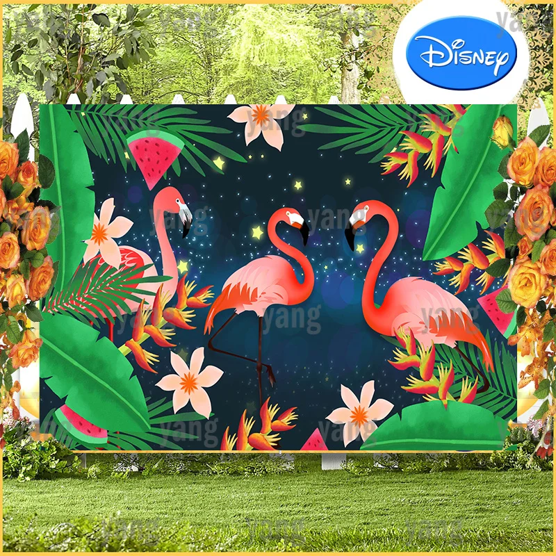 Custom Yellow Flamingo Children'S Day Anniversary Summer Happy Birthday Party Pink Photography Background Jungle Leaves Background