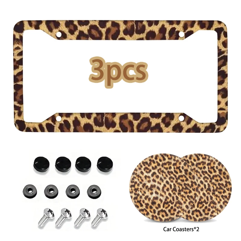 Telaio Targa Marrone Leopardo, Copertura Targa In Metallo Alluminio Porta Targa Auto * 1, Sottobicchieri Auto * 2,Cute Leopard Brown Car Dec