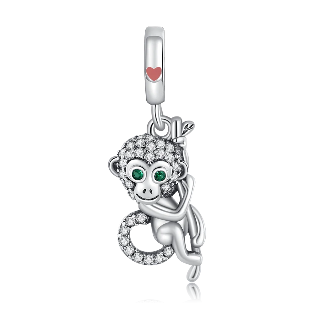 Alla Moda 925 Sterling Silver Green Eyed Tree Climbing Monkey Charm Fit Pandora Bracciale Accessori Per Feste Animali Da Donna