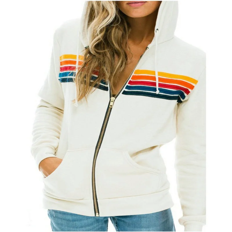 Nuove Donne Aviator Nation Felpe Con Cappuccio Zip-Up Felpe Pullover A Punto Allentato A Maniche Lunghe Arcobaleno A 5 Righe