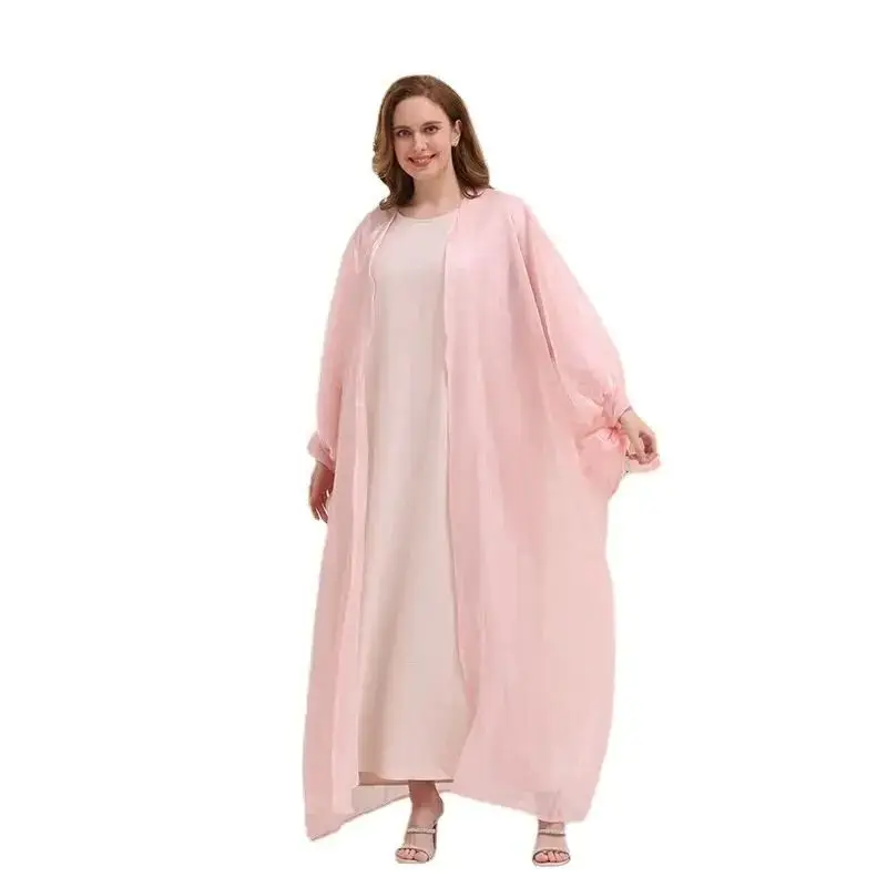 Mantello Chador Musulmano Manica A Bolle Lungo Jilbab Con Apertura Frontale Sukienki Damskie 2024 Set Musulmani Abiti Arabes Dubai Y Turcos