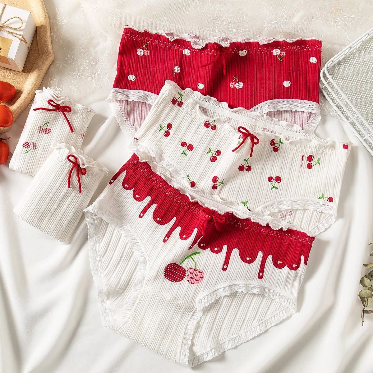 Mutandine Di Pizzo Di Cotone Nuove Donne Intimo Slip Intimo Sexy Ciliegia Rossa Giovani Ragazze Dolci Signora Mutande Studente