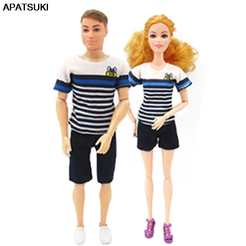 2Sets/Lot Striped Seablue Casual Wear Costume Top Shirts Shorts Pants For Barbie Doll Outfits Clothes For Ken Boy Doll Toys