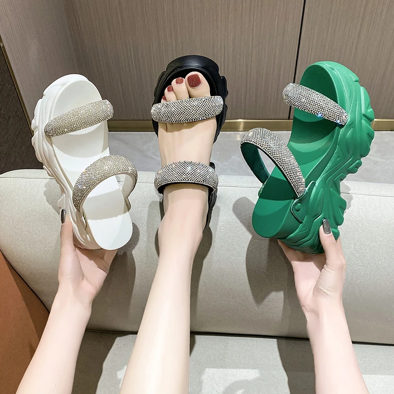 Summer Women High Platform Slippers Flip-Flops Fashion Beach Shoes Wedge Bling Heels Shoes Woman Black Outside Sandals 9Cm