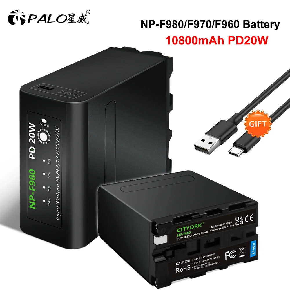 Palo 10800Mah Np-F980 Np-F970 Npf960 Npf970 Batteria Pd20W Veloce Di Ricarica Per Sony Plm-100 Ccd-Trv35 Ccd-Trv58 Mvc-Fd91 Mc1500C