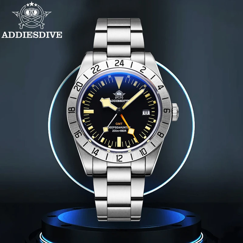 Addiesdive Men Gmt Watch Date Display 20Bar Impermeabile Luminoso Bubble Mirror Glass 316L Orologio Al Quarzo In Acciaio Inossidabile
