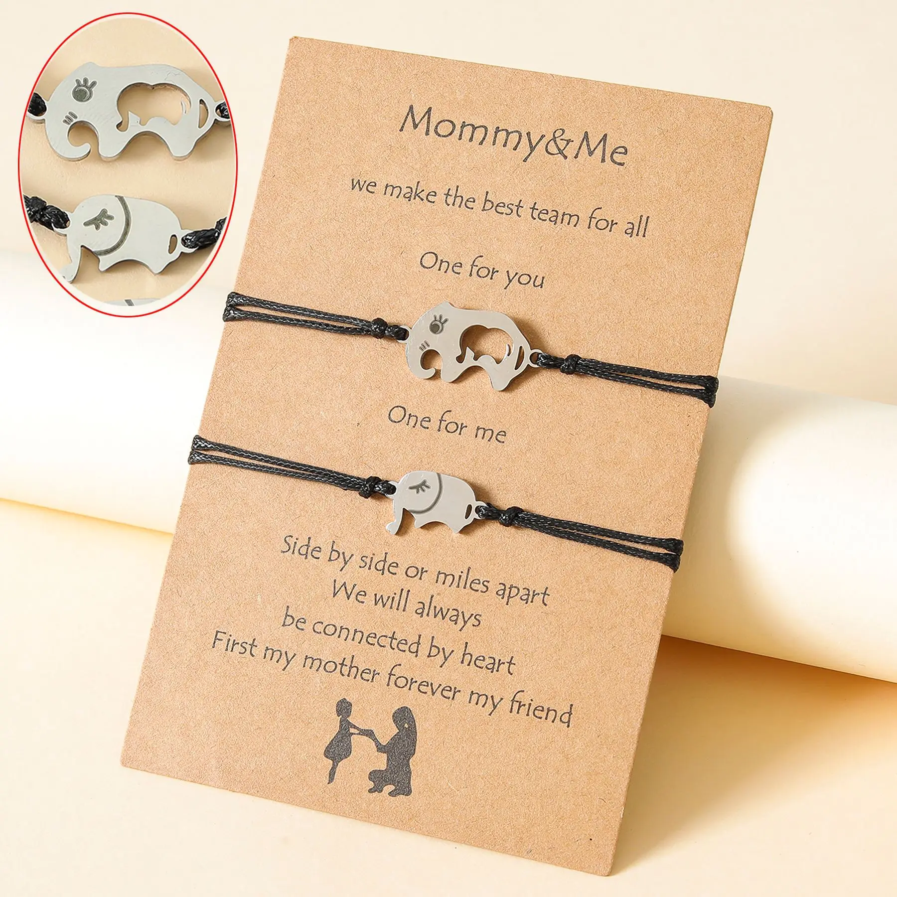 2023 New Mother'S Day Card Bracciale Versatile In Acciaio Inossidabile Hollow Elephant Wax Rope Woven Bracciale Regalo All'Ingrosso