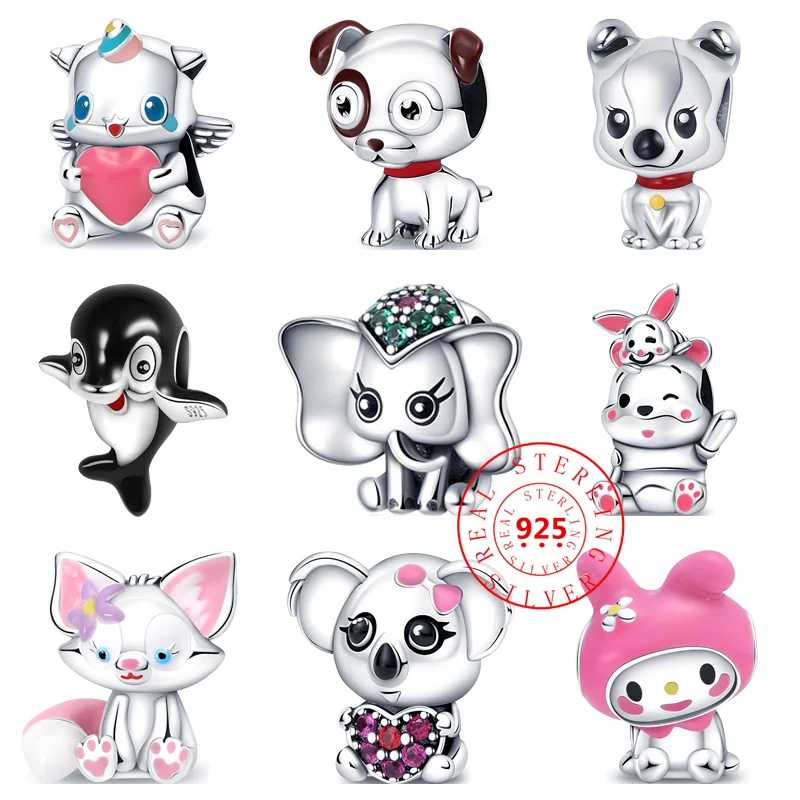 100% 925 Sterling Silver Cartoon Dog Elephant Unicorn Dolphin Bear Love Beads Fit Original Pandora Charms Bracciale Gioielli Da Donna