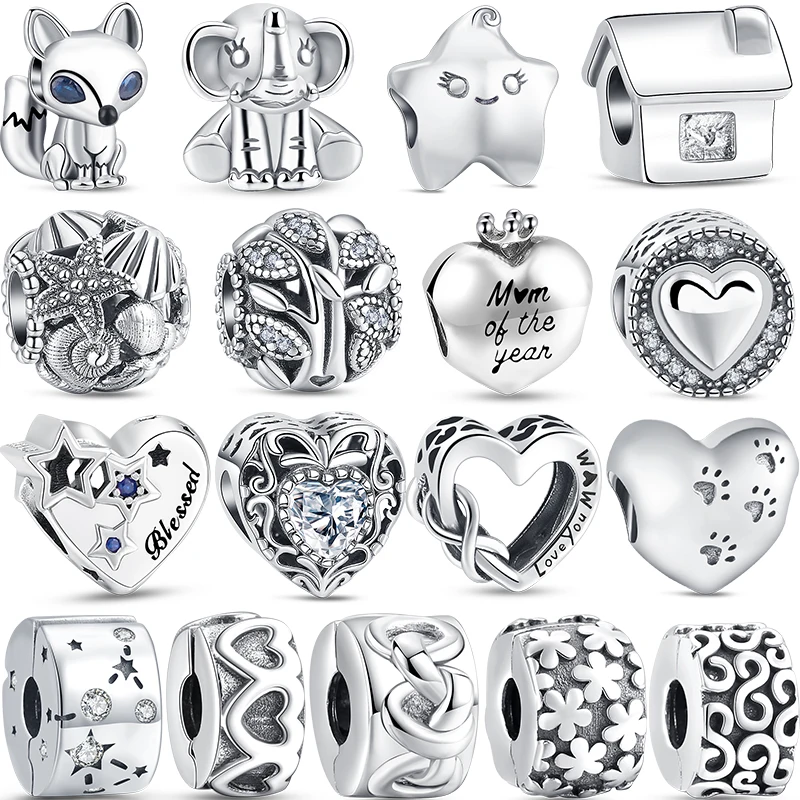 Real 100% 925 Sterling Silver Charm Flower Heart Bead Family Tree Elephant Starfish Fit Original Pandora Bracciale Donna Jewelry