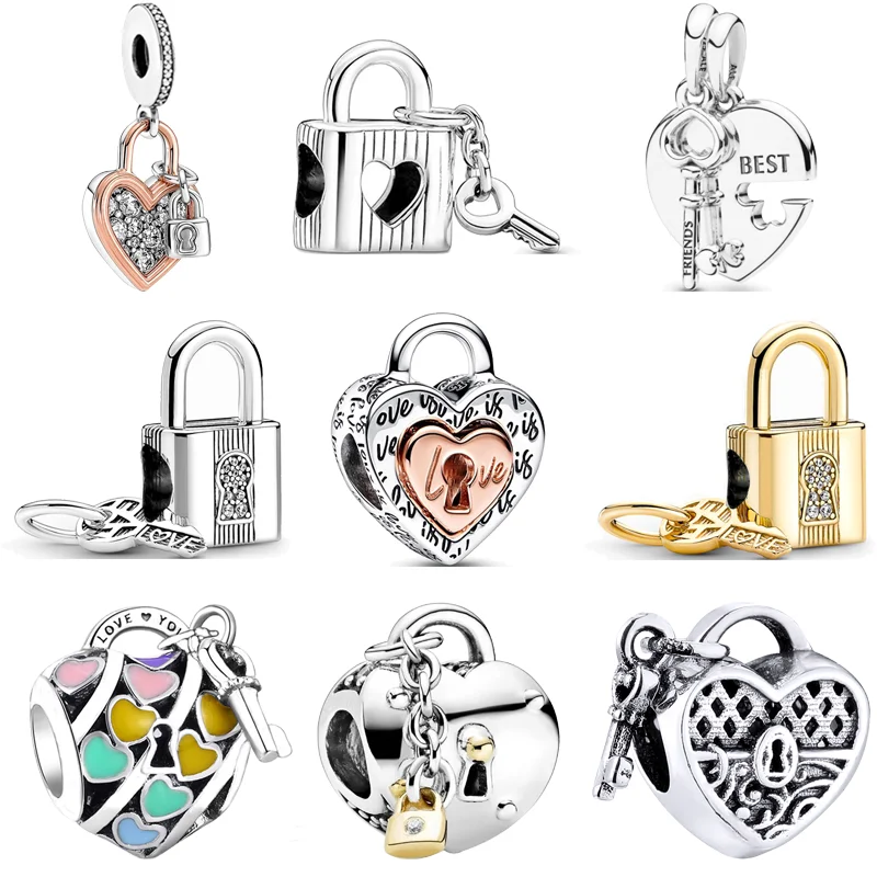 2024 Nuovo Lucchetto Lucchetto Chiave Ciondolo Cuore Amore Perline Fit Originale Pandora Charms Braccialetto Color Argento Gioielli Donna Spedizione G