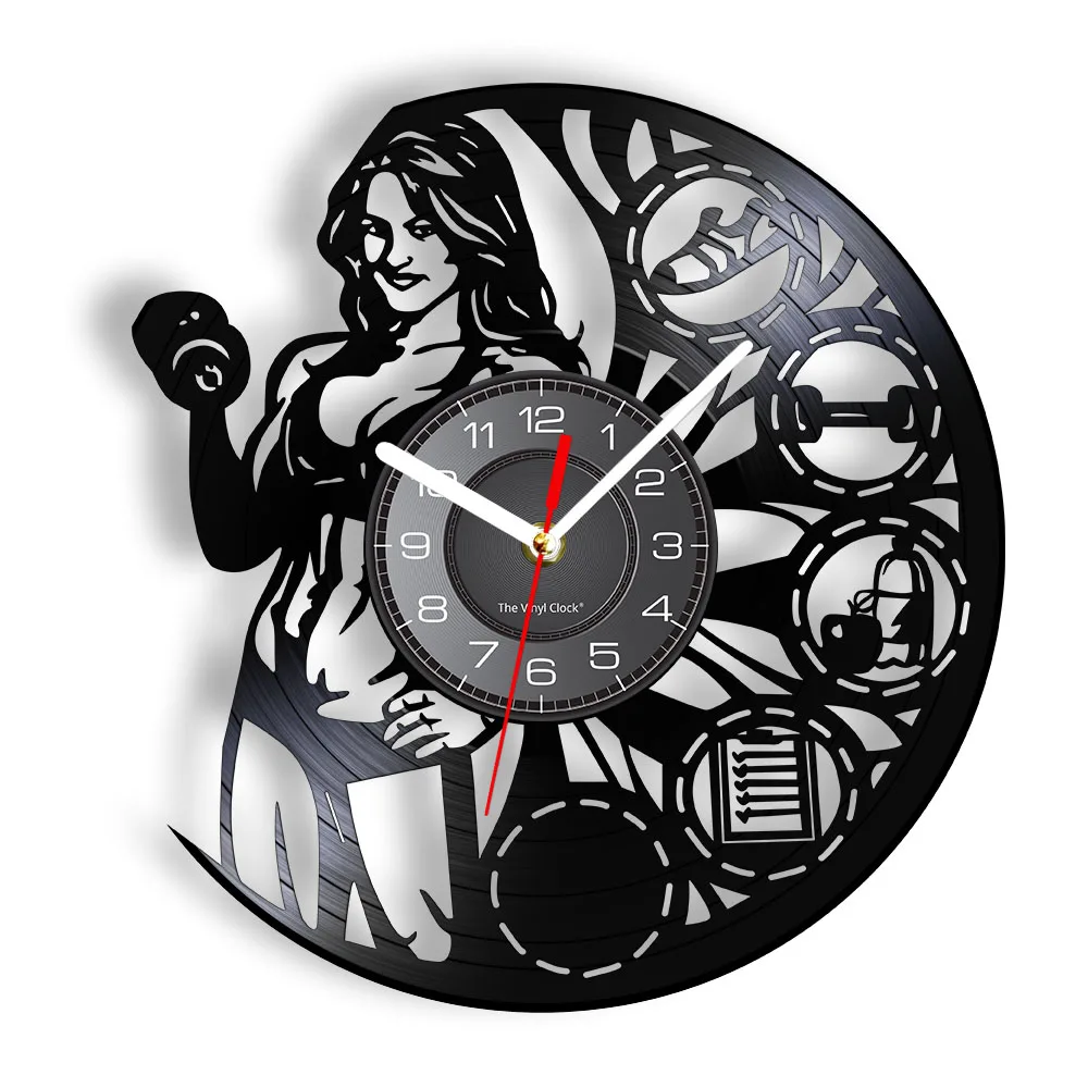 Bodybuilder Femminile Sollevamento Pesi Orologio Da Parete Muscletech Lady Builder Muscle Women Crossfit Workout Orologio Da Parete Con Dischi In Vini